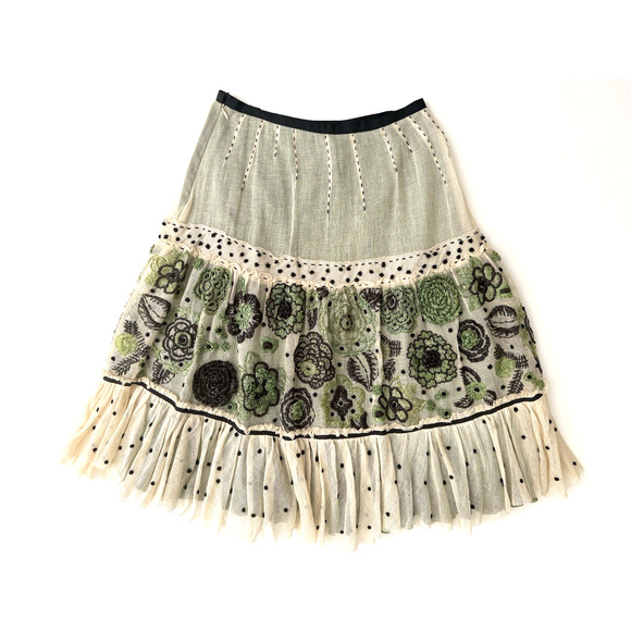 Easton Pearson Peasant Skirt S Cream Tulle Overlay Green Cotton Slip Embroidered - Picture 1 of 16